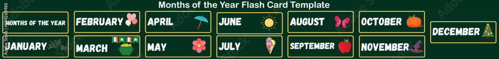 Months of the Year Flash Card Template, Kids learning Content, Kids ...