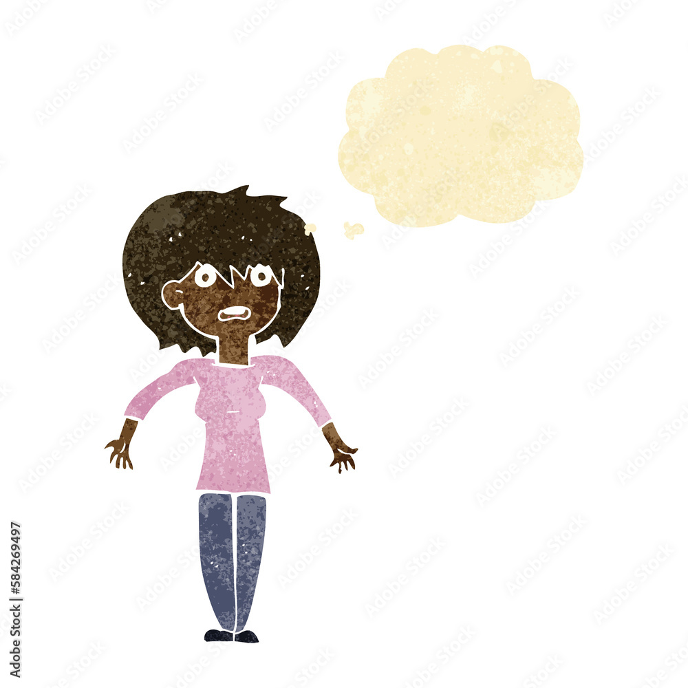cartoon woman shrugging shoulders with thought bubble cartoon woman shrugging shoulders with thought bubble