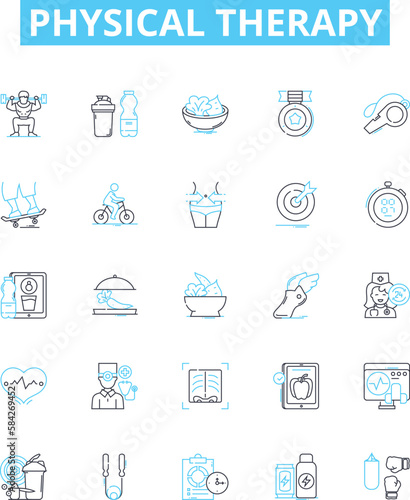 Physical therapy vector line icons set. Physiotherapy, Rehabilitation, Exercise, Massage, Movement, Musculoskeletal, Mobilisation illustration outline concept symbols and signs