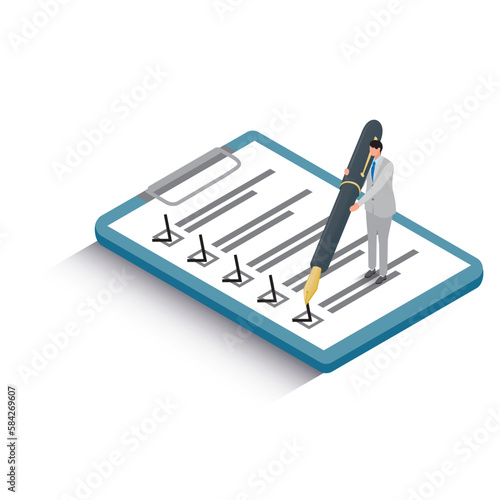 アイソメトリック_タスクをチェックする男性のイラスト_青
