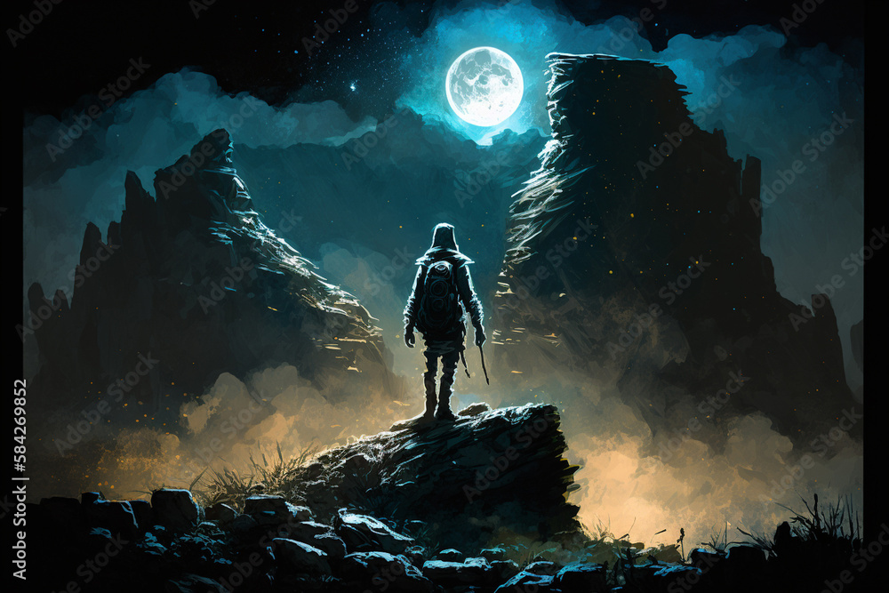 Fantasy Moon | A skilled rogue standing on a rocky outcropping in the dead of night, illuminated by the moonlight.   the light setting creates a sense of danger and suspense. Ai