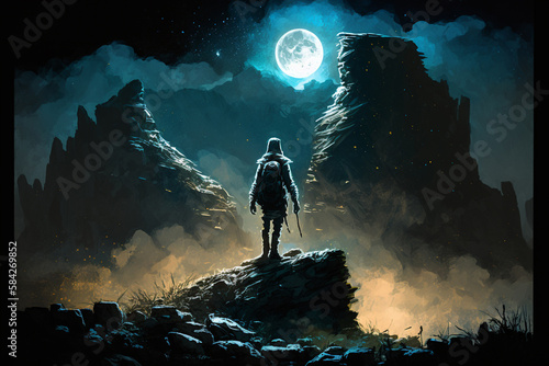 Fantasy Moon   A skilled rogue standing on a rocky outcropping in the dead of night  illuminated by the moonlight.   the light setting creates a sense of danger and suspense. Ai