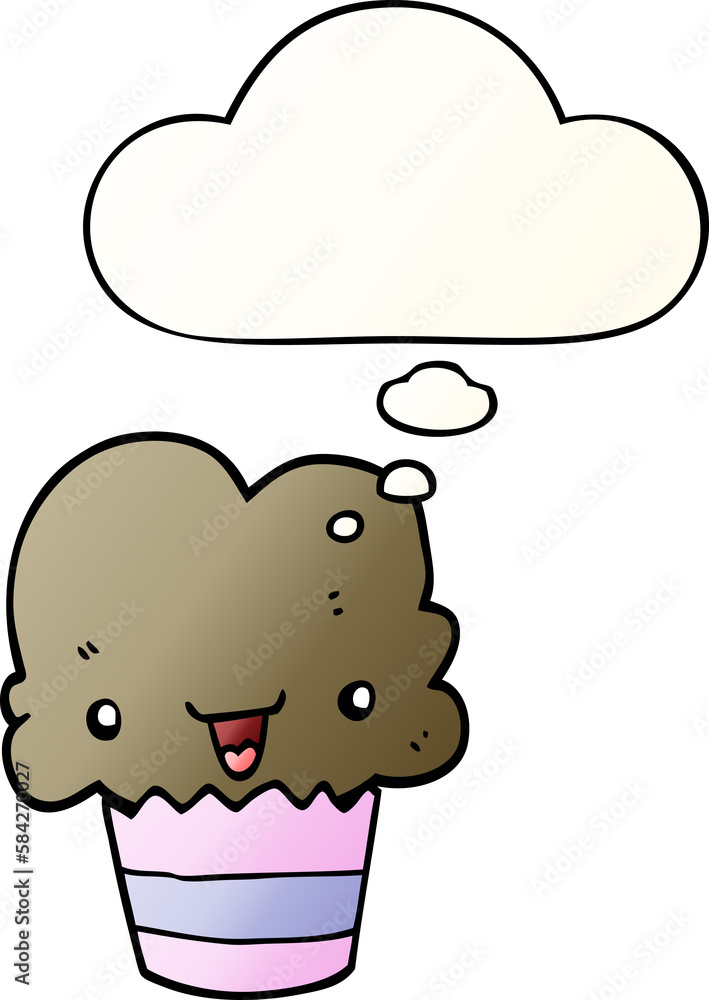 cartoon cupcake with face and thought bubble in smooth gradient style cartoon cupcake with face and thought bubble in smooth gradient style