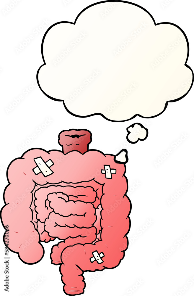 cartoon repaired intestines and thought bubble in smooth gradient style cartoon repaired intestines and thought bubble in smooth gradient style