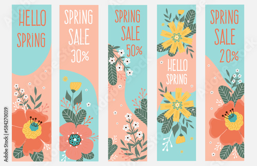 Spring sale banner in vertical format. Hello spring. Spring flowers, leaves.