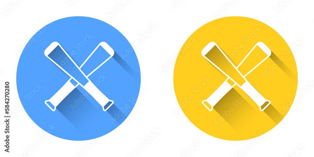 White Crossed baseball bat icon isolated with long shadow background. Circle button. Vector White Crossed baseball bat icon isolated with long shadow background. Circle button. Vector