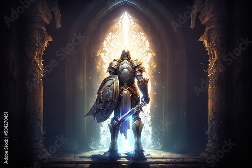 Conceptual Fantasy Art   A Noble Paladin Faces a Glowing Portal  Poised to Undertake a Holy Quest. Sublimity of the Gateway and the Paladin s Dazzling Armor. Potency and Conviction.