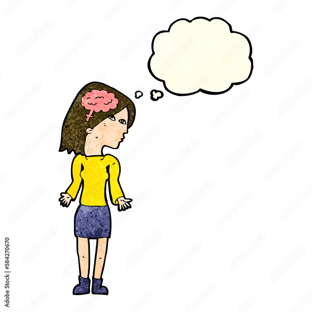 cartoon clever woman shrugging shoulders with thought bubble cartoon clever woman shrugging shoulders with thought bubble
