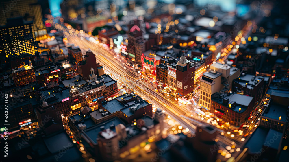 Obraz premium High tech data network color grids over miniature cityscape with cinematic coloring created with Generative AI technology created with Generative AI technology