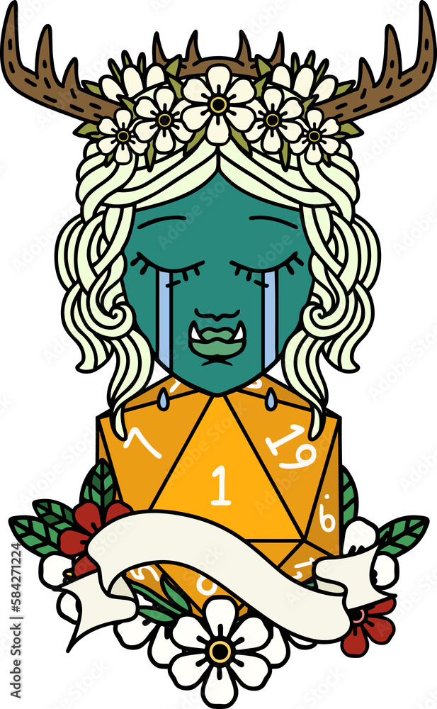 crying orc barbarian character face with natural one D20 roll illustration crying orc barbarian character face with natural one D20 roll illustration