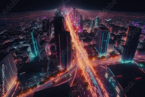 High speed data neon moving fast into smart city. Technology background. Generative AI © AI Farm