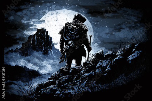 Fantasy concept art | A skilled rogue standing on a rocky outcropping in the dead of night, illuminated by the moonlight.   the light setting creates a sense of danger and suspense. Ai