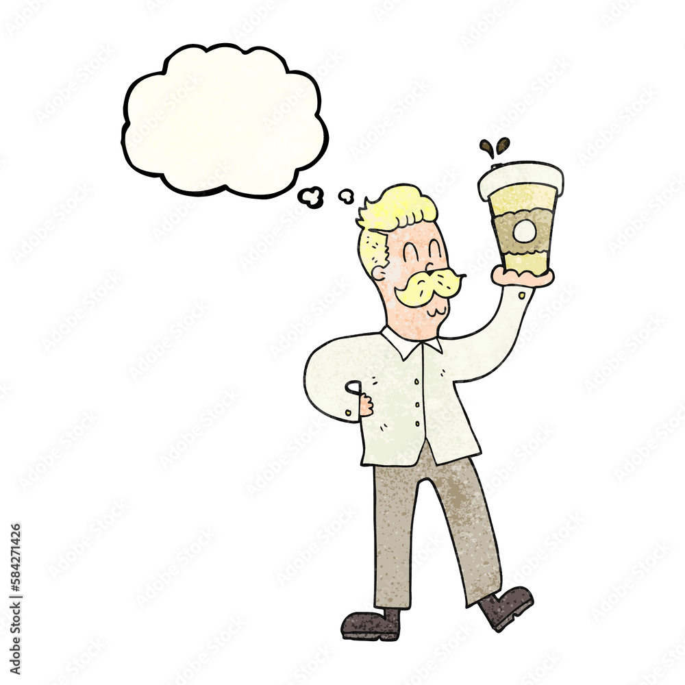 thought bubble textured cartoon man with coffee cups thought bubble textured cartoon man with coffee cups