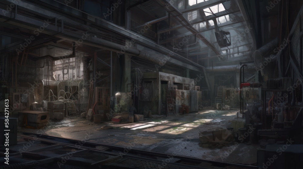creepy interior of an abandoned warehouse background, concept art, digital illustration, haunted factory, scary interior, Generative AI creepy interior of an abandoned warehouse background, concept art, digital illustration, haunted factory, scary interior, Generative AI