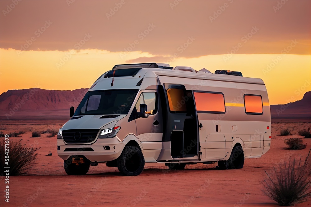trailer camping car in a faraway location, generative ai
