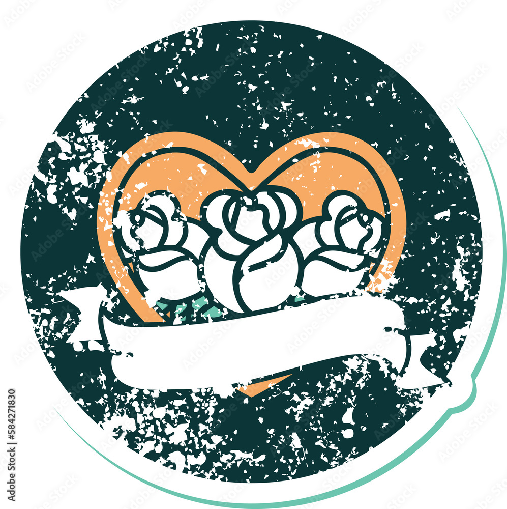 distressed sticker tattoo style icon of a heart and banner with flowers distressed sticker tattoo style icon of a heart and banner with flowers