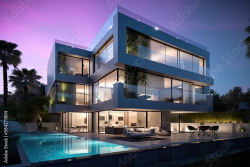 Modern luxury home with garden and pool at blue hour, generative ai © FrankBoston