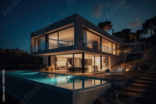 Modern luxury villa with pool and garden at blue hour, generative ai © FrankBoston