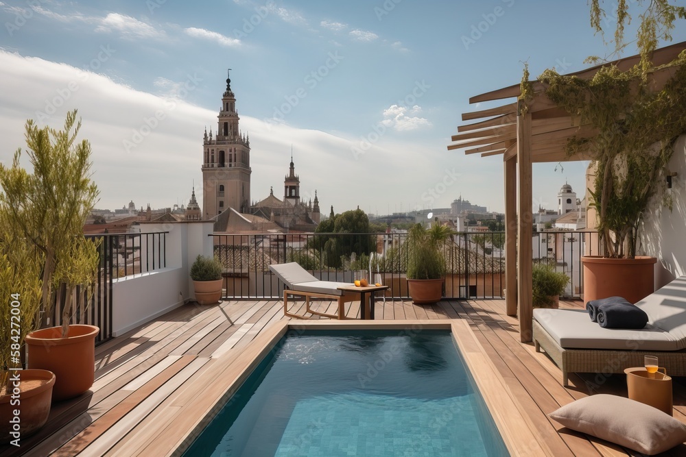 Amazing penthouse terrace with a swimming pool overlooking Seville, generative AI