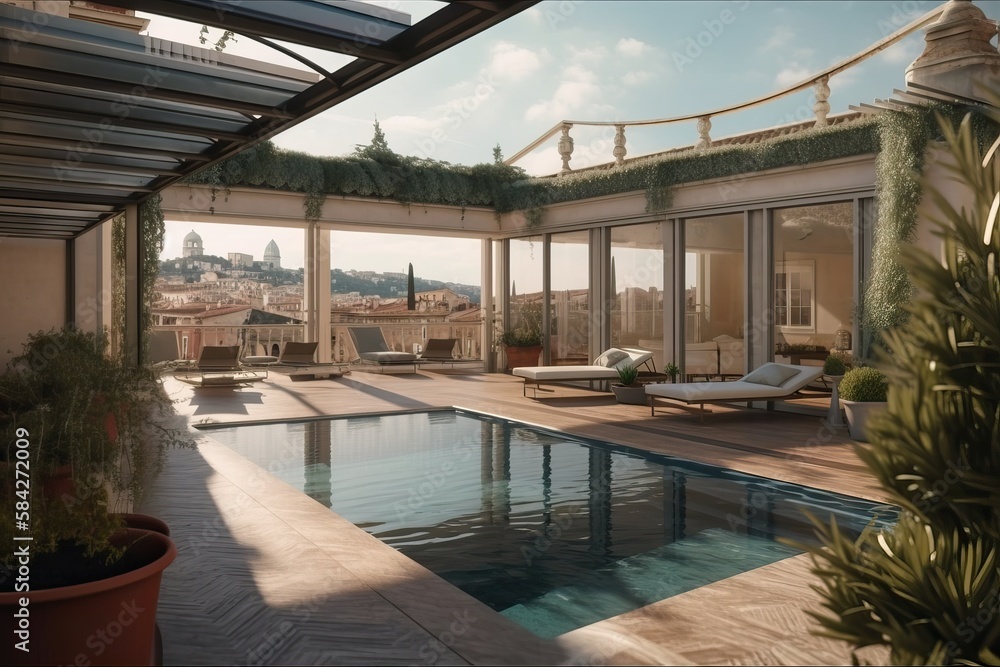 penthouse terrace with a swimming pool overlooking Rome, generative AI