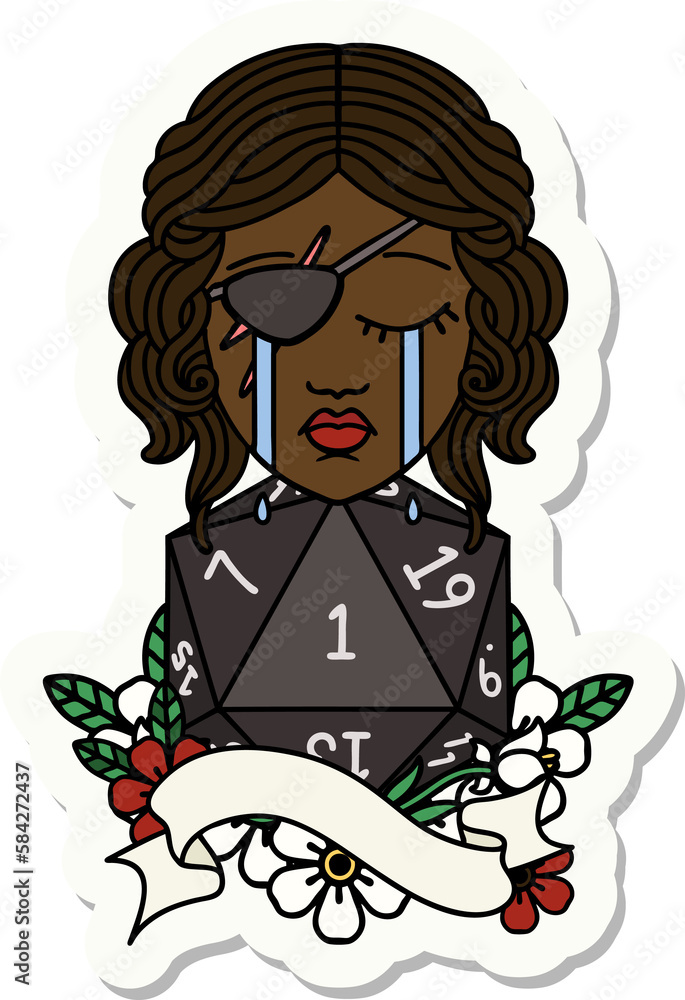crying human rogue with natural one D20 roll sticker crying human rogue with natural one D20 roll sticker