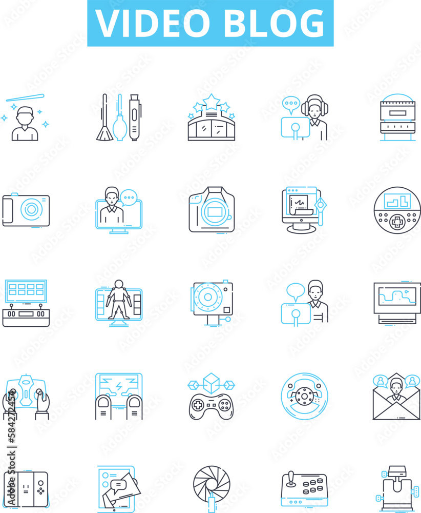 Video blog vector line icons set. Vlog, Video-blog, Videoblog, Blogging, Video-logging, Streaming, YouTube illustration outline concept symbols and signs Video blog vector line icons set. Vlog, Video-blog, Videoblog, Blogging, Video-logging, Streaming, YouTube illustration outline concept symbols and signs