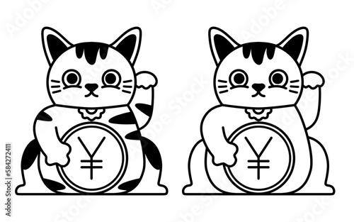 Maneki neko style. Beckoning cat. Figurine of a cat waving its paw.