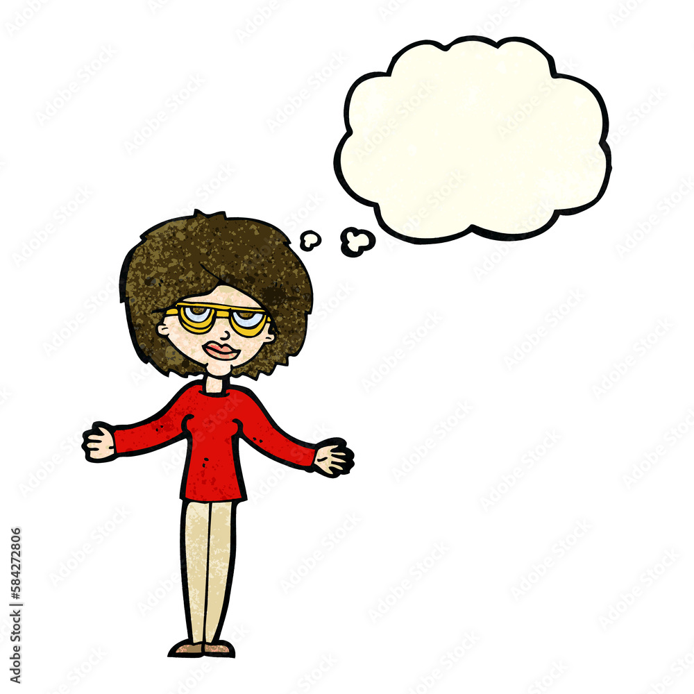 cartoon woman wearing spectacles with thought bubble cartoon woman wearing spectacles with thought bubble