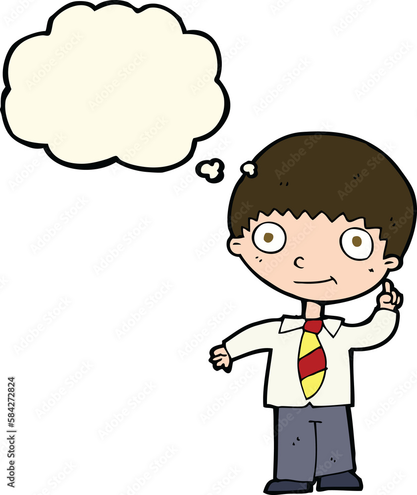 cartoon school boy with idea with thought bubble cartoon school boy with idea with thought bubble