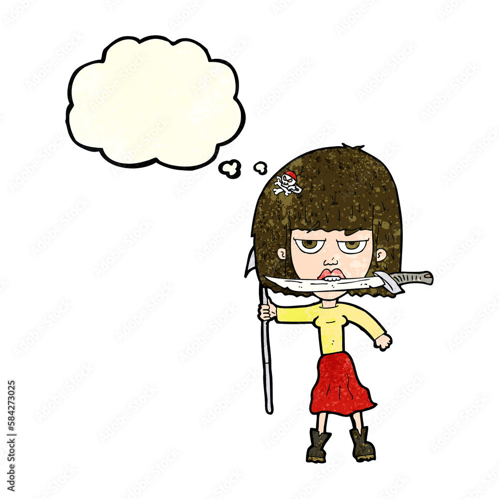 cartoon woman with knife and harpoon with thought bubble cartoon woman with knife and harpoon with thought bubble