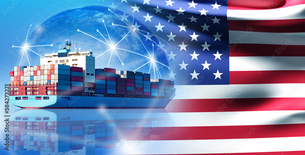 Stockillustratie International shipping. Ship with USA flag. Sending