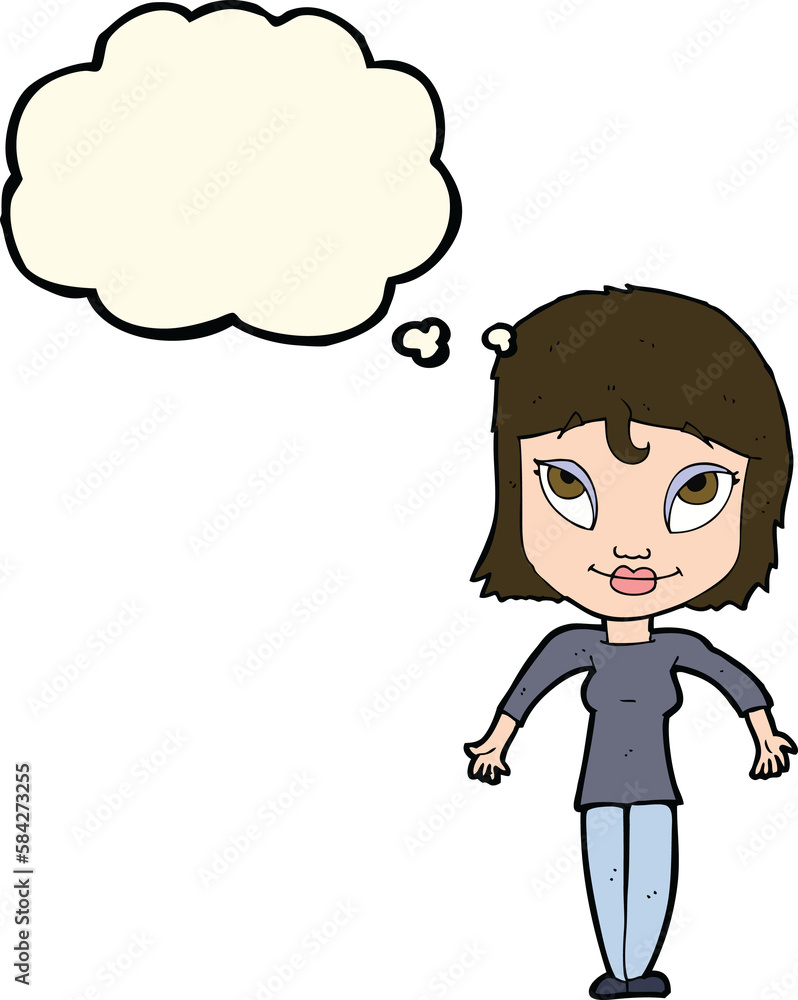 cartoon girl shrugging shoulders with thought bubble