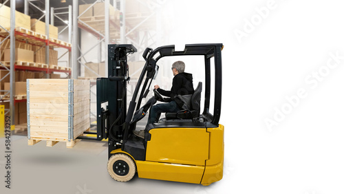 Warehouse forklift. Gray-haired man driving forklift. Storage employee moves pallet. Process of delivering goods to storage. Forklift for warehouse and logistics work. Warehouse transport