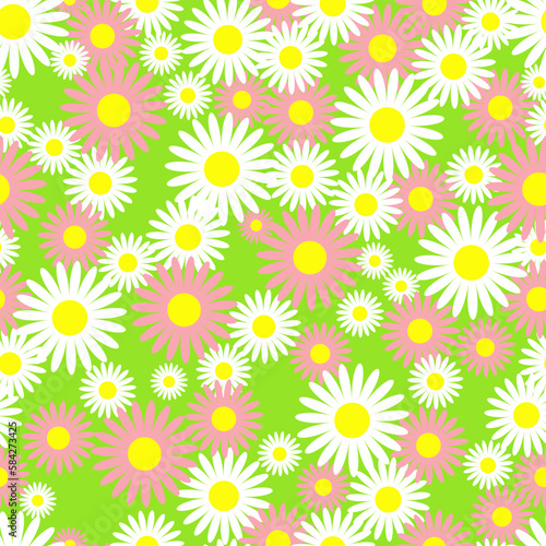 Vector seamless pattern. White and pink flowers on a green background. Spring and summer pattern © irina