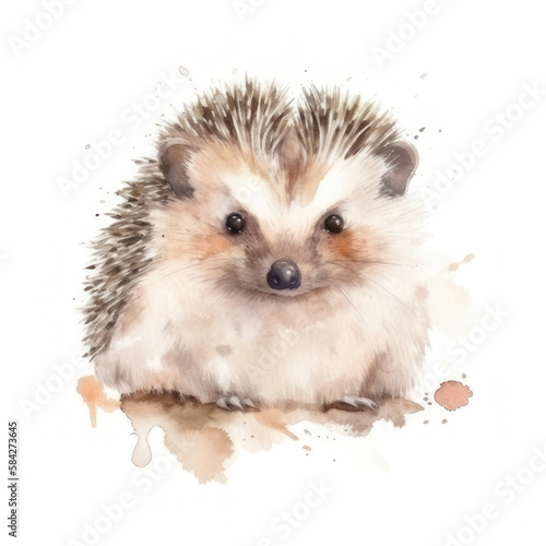 Watercolor hedgehog on a white background. AI generative.