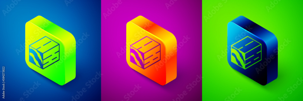 Isometric Wooden beam icon isolated on blue, purple and green background. Lumber beam plank. Square button. Vector Isometric Wooden beam icon isolated on blue, purple and green background. Lumber beam plank. Square button. Vector