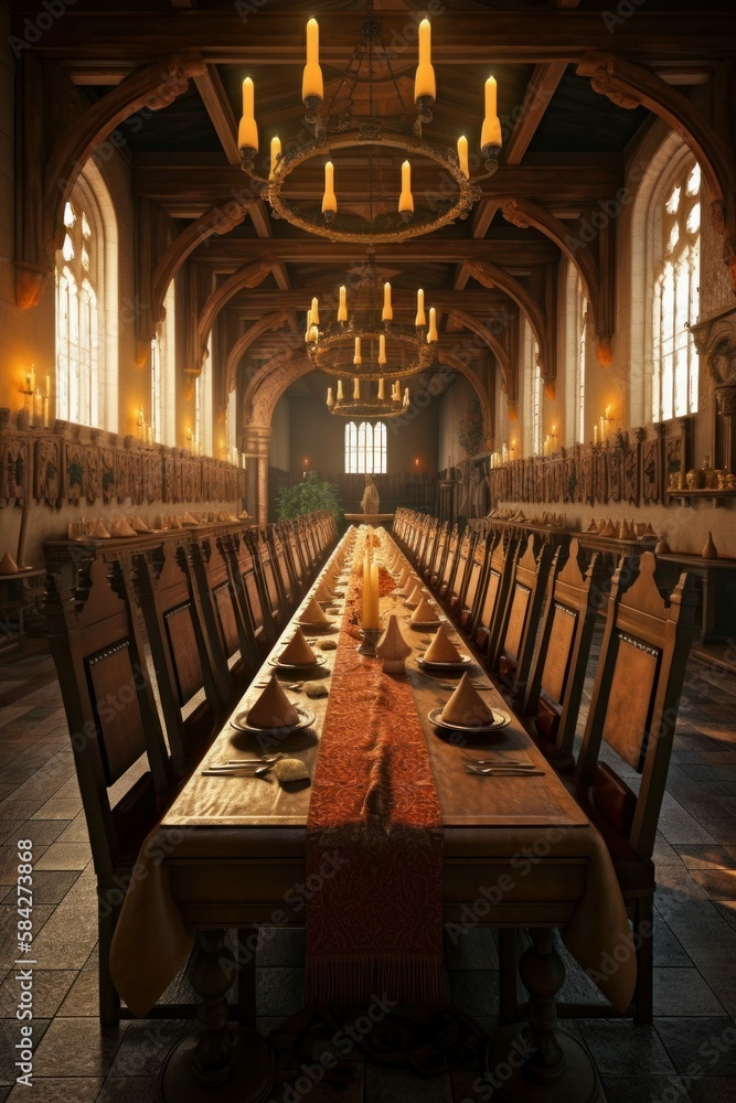 Illustration of Set Banquet Table in Castle or Ancient Palace, Building Interior for Medieval Fantasy RPG [Generative AI]
