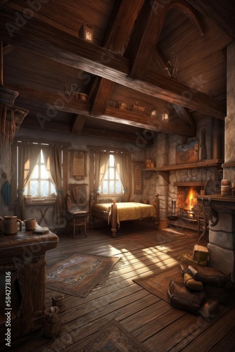 Simple Living Space with Bed and Fireplace, Old-Fashioned Room Interior [Generative AI]