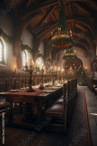 Illustration of Yuletide Christmas Feast Set in Castle Banquet Hall, Building Interior for Medieval Fantasy RPG [Generative AI]