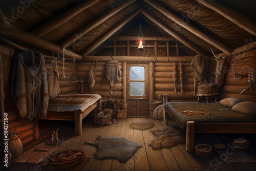 Illustration of Cozy Trapper's or Hunters Winter Lodge with Furs, Cabin Outpost Interior [Generative AI]