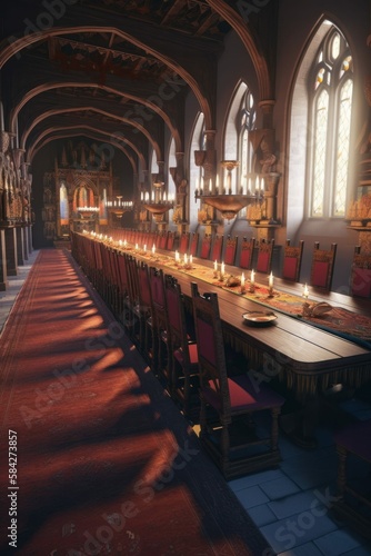 Illustration of Royal Banquet Hall Set for a Feast in a Castle, Building Interior for Medieval Fantasy RPG [Generative AI] © Visionarily
