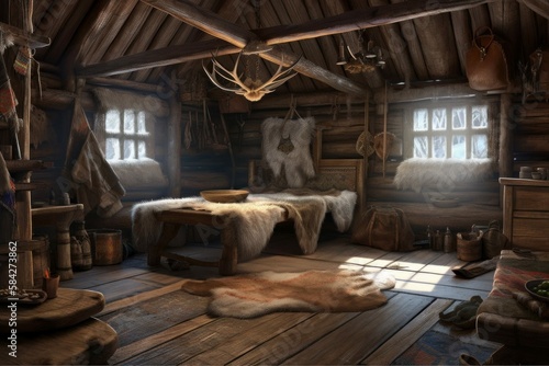 Winter Hunting Lodge or Trapper Cabin, Building Interior for Medieval Fantasy RPG [Generative AI] photo