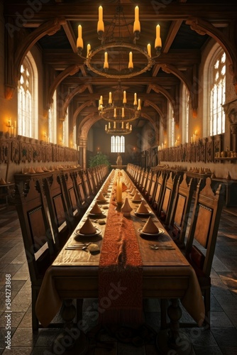 Illustration of Set Banquet Table in Castle or Ancient Palace, Building Interior for Medieval Fantasy RPG [Generative AI] © Visionarily