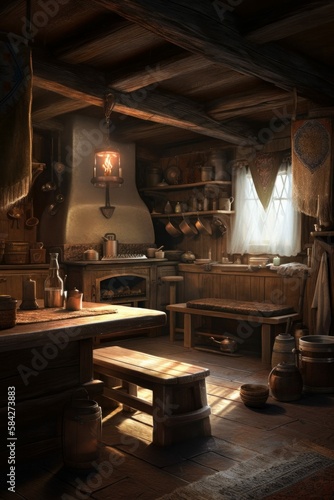 Inside an Old-Time, Simple Wooden Cottage, Building Interior for Medieval Fantasy RPG [Generative AI] photo