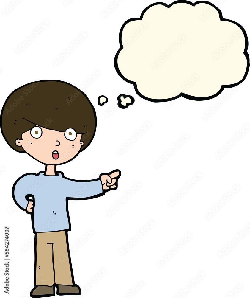 cartoon pointing boy with thought bubble cartoon pointing boy with thought bubble