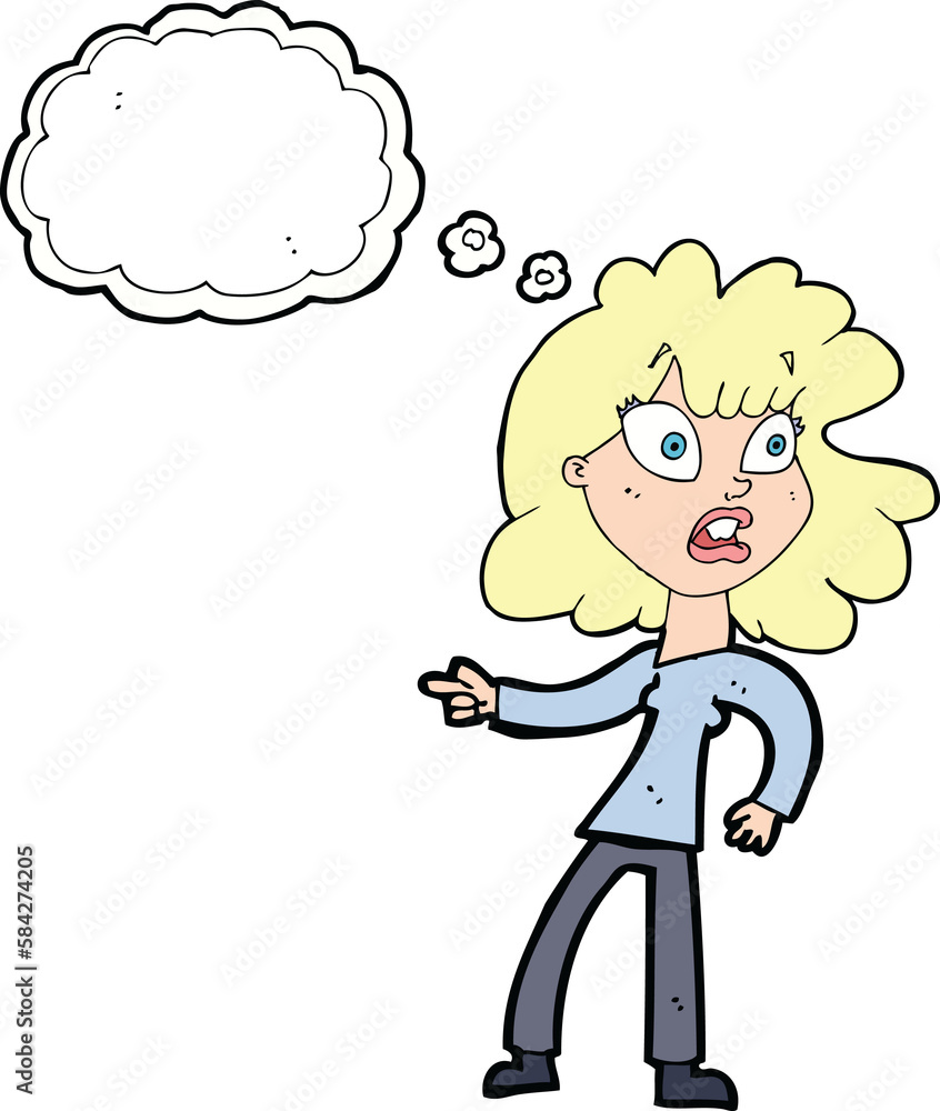 cartoon worried woman pointing with thought bubble cartoon worried woman pointing with thought bubble