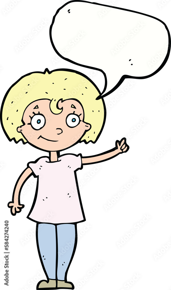 cartoon happy woman pointing with speech bubble cartoon happy woman pointing with speech bubble