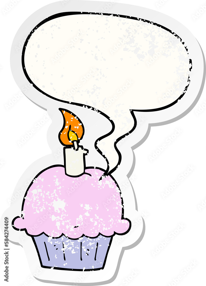 cartoon birthday cupcake and speech bubble distressed sticker cartoon birthday cupcake and speech bubble distressed sticker