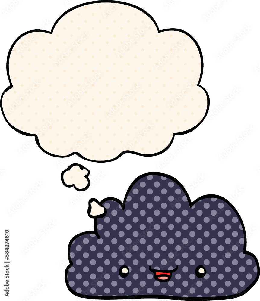 happy cartoon cloud and thought bubble in comic book style