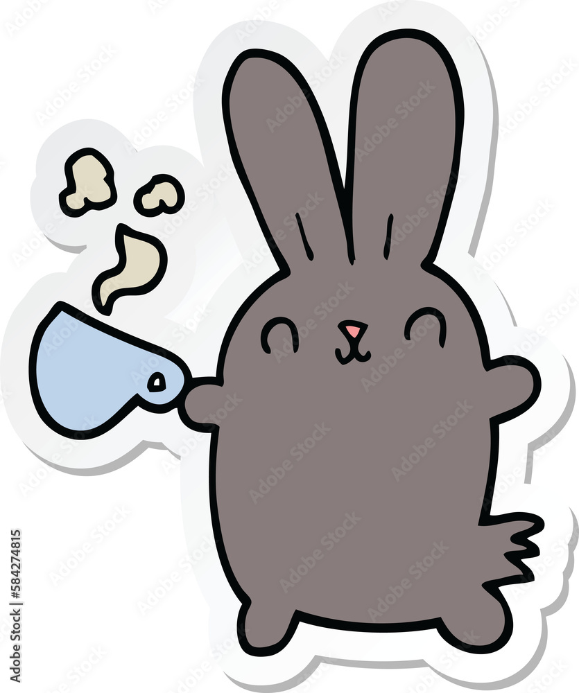 sticker of a cute cartoon rabbit with coffee cup sticker of a cute cartoon rabbit with coffee cup